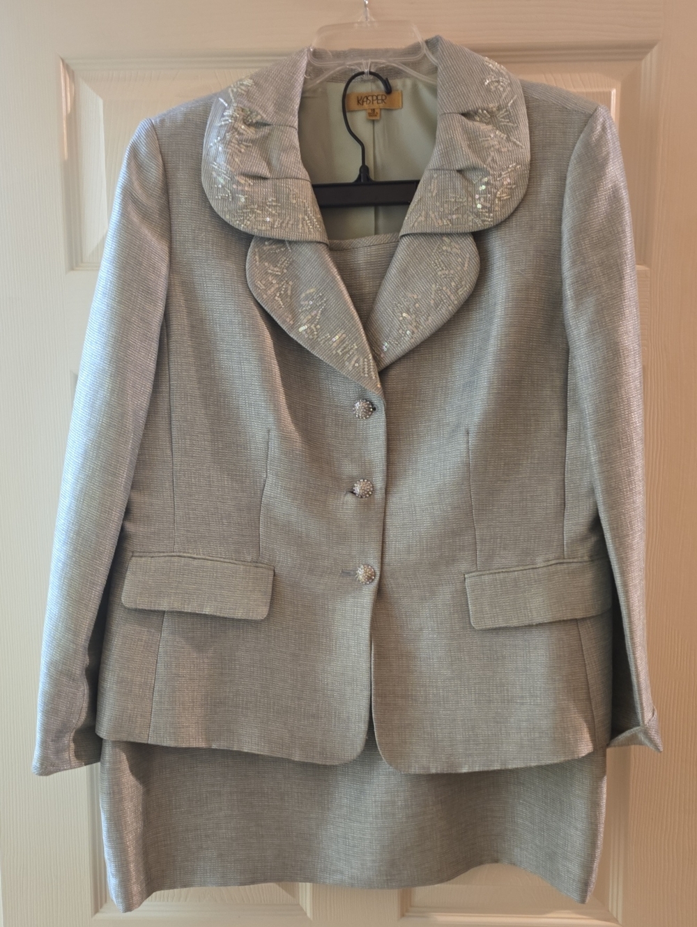 Kasper Light Greenish/Blue Embellished Collar Blazer and Skirt Set [Size 16]